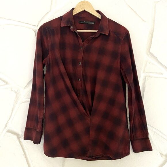 ALL SAINTS Women 4 Red Plaid Flannel Crossover Kayla Shirt Sweater Grunge Indie - Picture 1 of 5